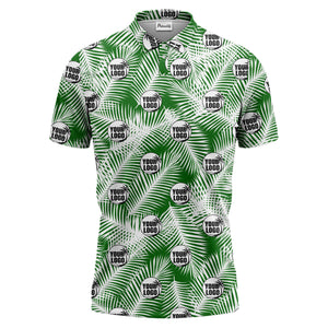 illustrated palm leaf logo repeating tropical polo shirt for men