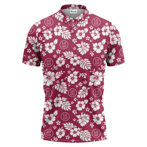 monochrome hawaiian hibiscus flowers & leaves repeat pattern polo shirt