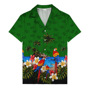 parrot paradise palm trees plumeria beach scene hawaiian shirt