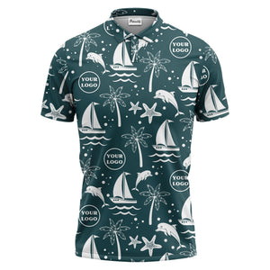sailboats dolphins palm trees starfish repeat pattern black white polo shirt