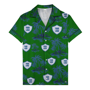 shield logo palm tree island scene navy blue hawaiian shirt for men
