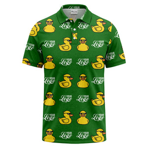 sunglasses rubber duck repeat pattern black yellow fun cartoon golf polo shirt
