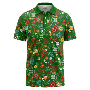 tiki masks palm trees ukuleles watercolor print polo shirt for men