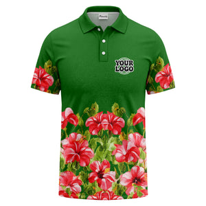 watercolor hibiscus & emerald leaf tropical polo shirt for men