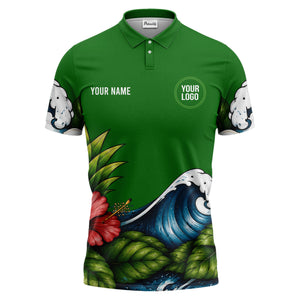 watercolor ocean wave palm leaf hibiscus floral navy blue polo shirt for men