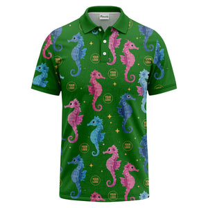 watercolor seahorse repeat marine life polo shirt in pink blue