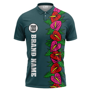 anthurium & emerald leaf stripe coral red polo shirt for men