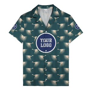 art deco crane silhouette logo beige navy hawaiian shirt