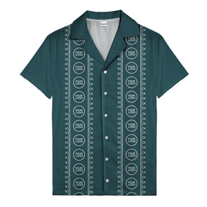 circular logo & fish symbols black hawaiian shirt for men