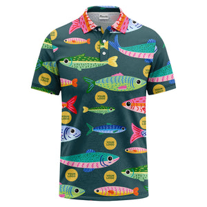 colorful cartoon fish & custom logo repeat all-over print polo shirt