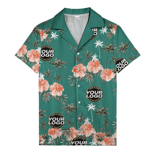coral pink hibiscus & palm trees on black hawaiian shirt for men