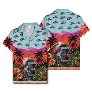 cruise ship sunset palm trees hibiscus flowers hawaiian shirt for men