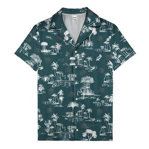 flamingo oasis black palm trees repeat pattern hawaiian shirt for men