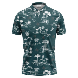 flamingo oasis palm trees sketch pattern black white polo shirt for men