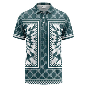 geometric palm leaves checkerboard border polo shirt