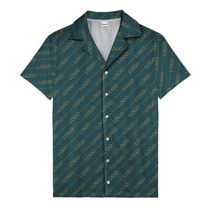 gold diagonal logo repeat pattern on black hawaiian shirt for men