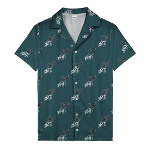 hand-drawn calligraphic script logo repeat black white hawaiian shirt for men