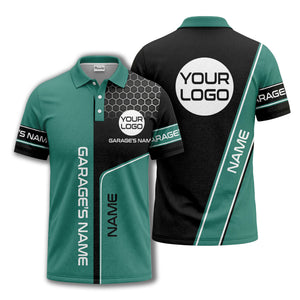 hexagonal grid garage name logo modern automotive polo shirt
