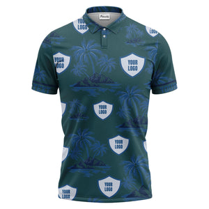 island oasis palm trees & shield logos navy blue tropical polo shirt