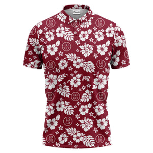 monochrome hawaiian hibiscus flowers & leaves repeat pattern polo shirt
