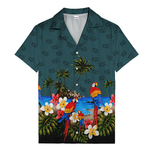 parrot paradise palm trees plumeria beach scene hawaiian shirt