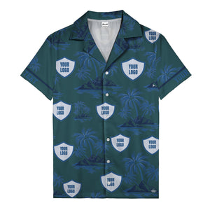 shield logo palm tree island scene navy blue hawaiian shirt for men