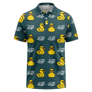 sunglasses rubber duck repeat pattern black yellow fun cartoon golf polo shirt
