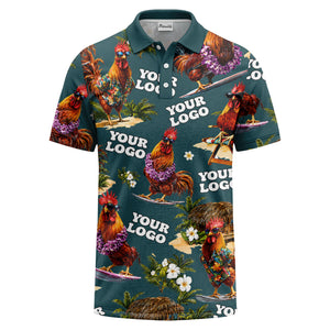 surfing roosters surfboards lei palm trees photorealistic polo shirt