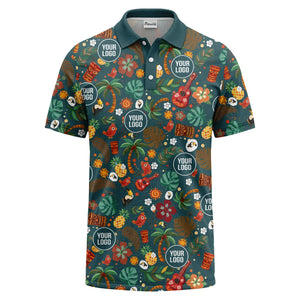 tiki masks palm trees ukuleles watercolor print polo shirt for men