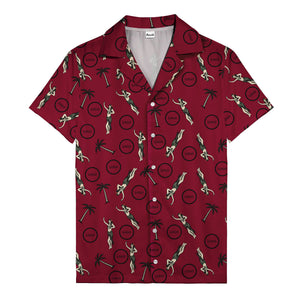 vintage hula dancers palm trees circular logo black hawaiian shirt for men