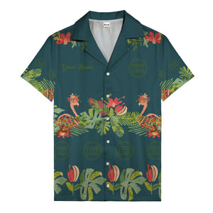 watercolor flamingo palm tropical flowers black hawaiian shirt