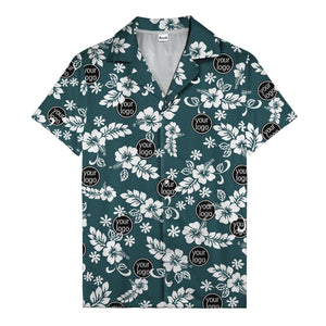 watercolor hibiscus blooms & custom logo navy blue hawaiian shirt