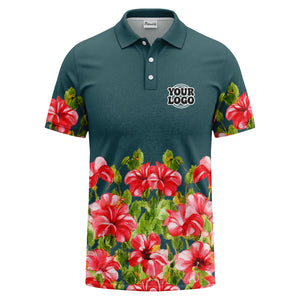 watercolor hibiscus & emerald leaf tropical polo shirt for men