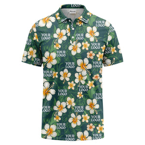 watercolor hibiscus & plumeria black aloha polo shirt for men