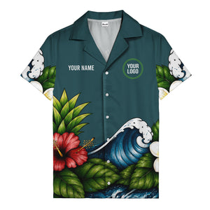 watercolor ocean waves hibiscus blooms palm leaf hawaiian shirt for men
