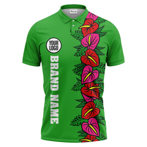 anthurium & emerald leaf stripe coral red polo shirt for men