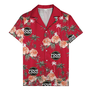 coral pink hibiscus & palm trees on black hawaiian shirt for men