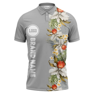 custom color tropical floral polo shirt | orchid & plumeria exotic all-over print