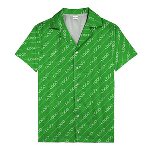 gold diagonal logo repeat pattern on black hawaiian shirt for men