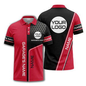 hexagonal grid garage name logo modern automotive polo shirt