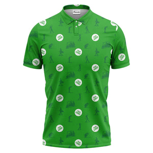 illustrated golfers golf carts repeating on green polo shirt for weekend fairway fun