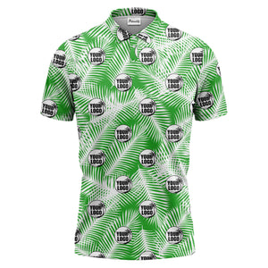 illustrated palm leaf logo repeating tropical polo shirt for men
