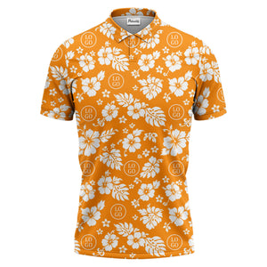 monochrome hawaiian hibiscus flowers & leaves repeat pattern polo shirt