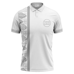 monochrome tribal fish & geometric borders patterned polo shirt for men