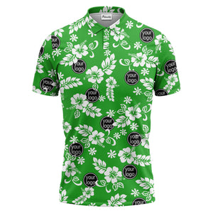 navy blue watercolor hibiscus & custom logo repeat pattern polo shirt