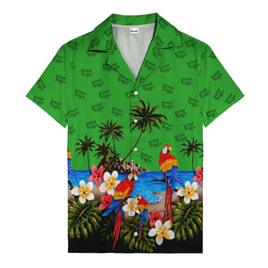 parrot paradise palm trees plumeria beach scene hawaiian shirt