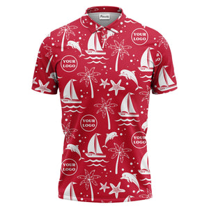 sailboats dolphins palm trees starfish repeat pattern black white polo shirt