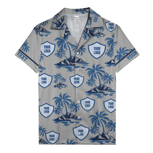 shield logo palm tree island scene navy blue hawaiian shirt for men