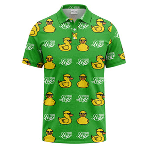 sunglasses rubber duck repeat pattern black yellow fun cartoon golf polo shirt