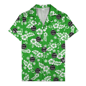 watercolor hibiscus blooms & custom logo navy blue hawaiian shirt